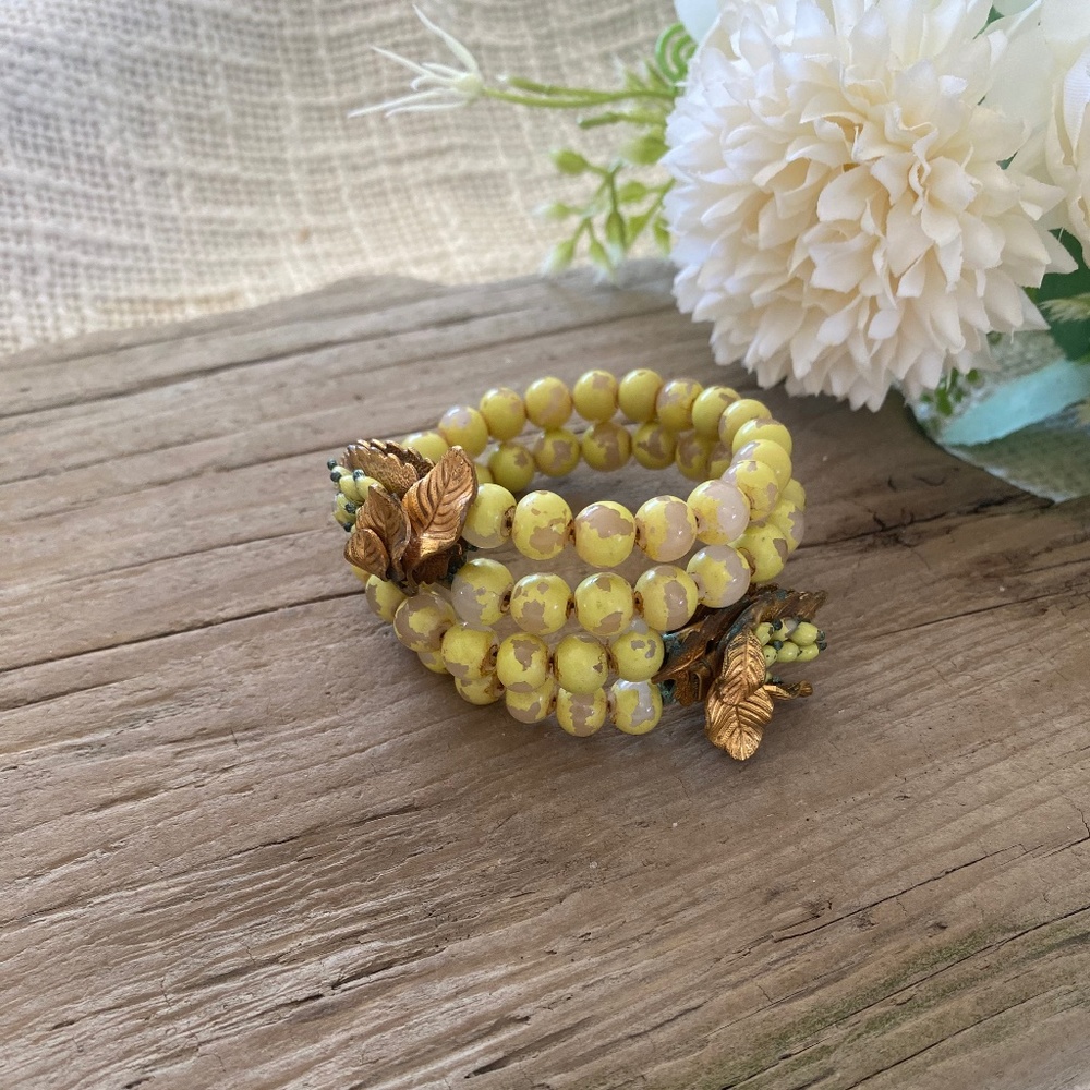 Yellow Vintage Beaded Wrap Miriam Haskell Style Bracelet